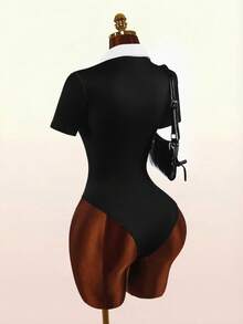 Amplova Digital Print Polo Collar Jersey Bodysuit - Black - View 2