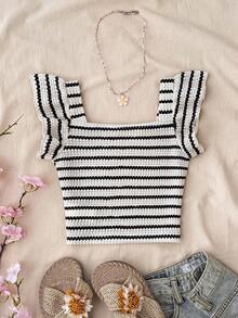 SHEIN [Randomly Select 6 Groups, Send 1 Groups]! Surprise Gift Package!!Surprise Box !! Young Girl Striped Square Collar Cap Sleeve Knit Top,Ruffle Trim Ho - Multicolor - View 7