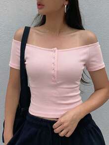 Dazy Star 女款夏季方領短袖粉色街頭休閒T恤 - 粉色 - 查看 5