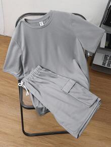 SHEIN 青少年男孩 2件組 休閒寬鬆舒適 Logo裝飾短袖上衣與短褲套裝，春夏季 - 灰色 - 查看 6