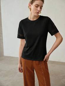 MOTF PREMIUM WOMEN'S CASUAL VACATION BLACK CONTRAST LACE SHORT SLEEVE T-SHIRT - Black - View 4