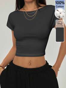 SHEIN PETITE Women's Sexy Solid Color Backless Cropped T-Shirt For Summer - Dark Grey - View 6