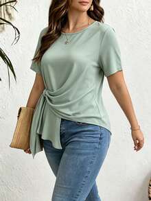 EMERY ROSE Modisches lässiges Kurzarm-T-Shirt in Hellgrün mit Rundhalsausschnitt, plissiertem Saum und Strickdekor, Große Größen - Minzgrün - Übersicht 5