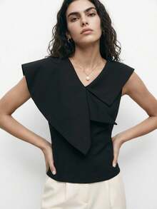 Dazy-Less Damen elegantes einfarbiges Hemd mit asymmetrischem Kragen und geraffter Taille, leicht, für Büro und Alltag, Frühling/Sommer - Schwarz - Übersicht 6