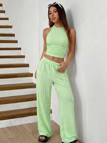 SHEIN EZwear 女士纹理短款褶皱吊带上衣和休闲裤套装 - 薄荷綠 - 查看 4