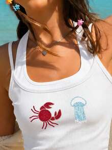 Sundraya Áo tank top không tay dáng ôm họa tiết hình cua, thích hợp mặc hàng ngày vào mùa hè. - Nhiều màu - Xem 3