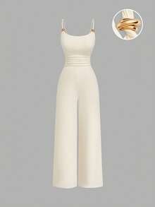 Sweetra Plus Size Women's White And Gold Camisole Jumpsuit With Metal Buckle Decoration, Waist-Defining Slimming Straight Leg Wide Leg Pants, Elegant Party - Apricot - View 1