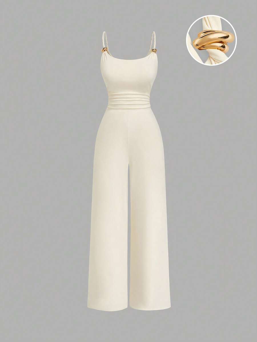 Sweetra Plus Size Women's White And Gold Camisole Jumpsuit With Metal Buckle Decoration, Waist-Defining Slimming Straight Leg Wide Leg Pants, Elegant Party - Apricot - View 1