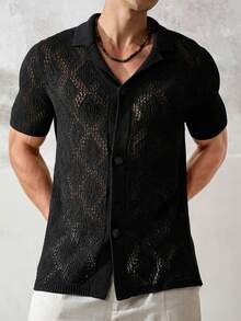 Airaco Men's Summer Holiday Front Button Hollow Knit Shirt - Brown - View 7