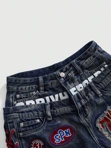 ROMWE Avant Quần short denim nữ kiểu dáng retro Y2K, chất liệu jersey, kiểu áo ba lỗ, có logo thêu, dây rút, cạp thấp, gợi cảm. - Rửa trung bình - Xem 3