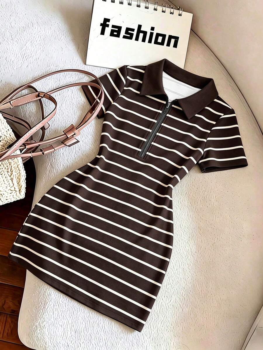 GlowEve 女款翻領拉鍊 POLO 衫 T-Shirt 洋裝,修身復古運動風棕色條紋,適合夏季休閒外出、休閒運動、校園、早午餐 - 彩色 - 查看 1