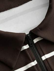 GlowEve 女款翻領拉鍊 POLO 衫 T-Shirt 洋裝，修身復古運動風棕色條紋，適合夏季休閒外出、休閒運動、校園、早午餐 - 彩色 - 查看 5