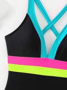 SHEIN Swim 女款對比色交叉綁帶式一件式夏季海灘泳衣 - 彩色 - 查看 5