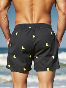 Surfspeed Men's Vacation Cartoon Duck Print Drawstring Waist Beach Shorts Holiday / Vacation / Beach / Hawaii / Tropical / Swim /  Bathing - Black - View 3