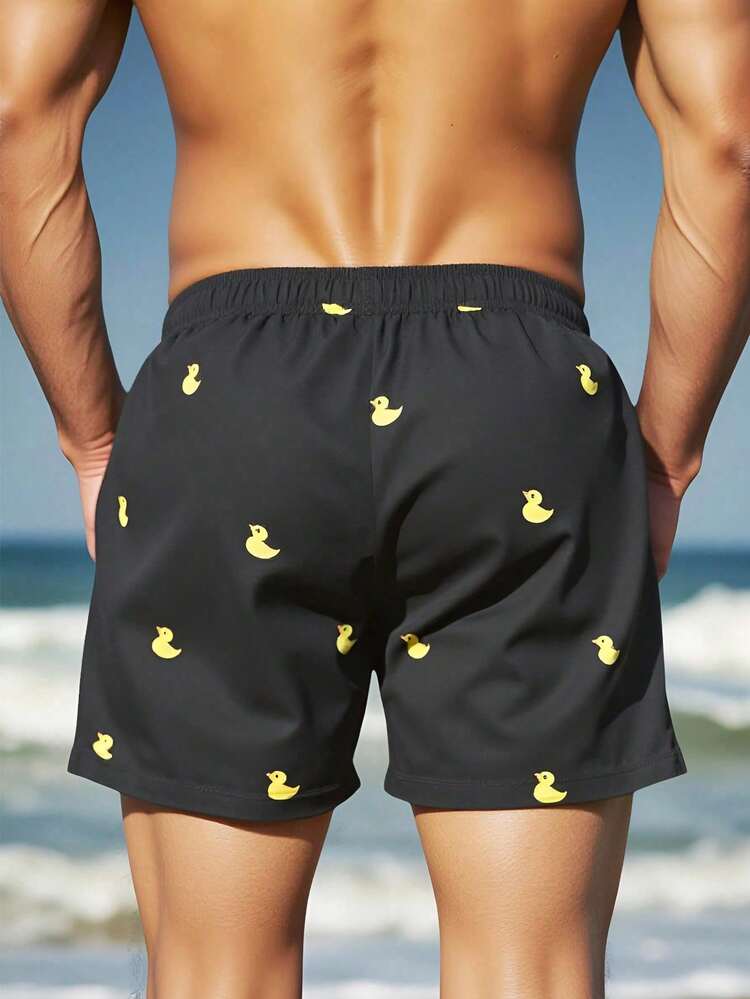 Surfspeed Men's Vacation Cartoon Duck Print Drawstring Waist Beach Shorts - Black - View 3