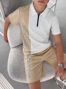 SHEIN 兒童青少年男童休閒卡其色拼接 Polo 領短袖 T 恤與短褲 2 件套，適合通勤、上學、日常休閒出遊、運動，春夏季適用 - 卡其色 - 查看 3