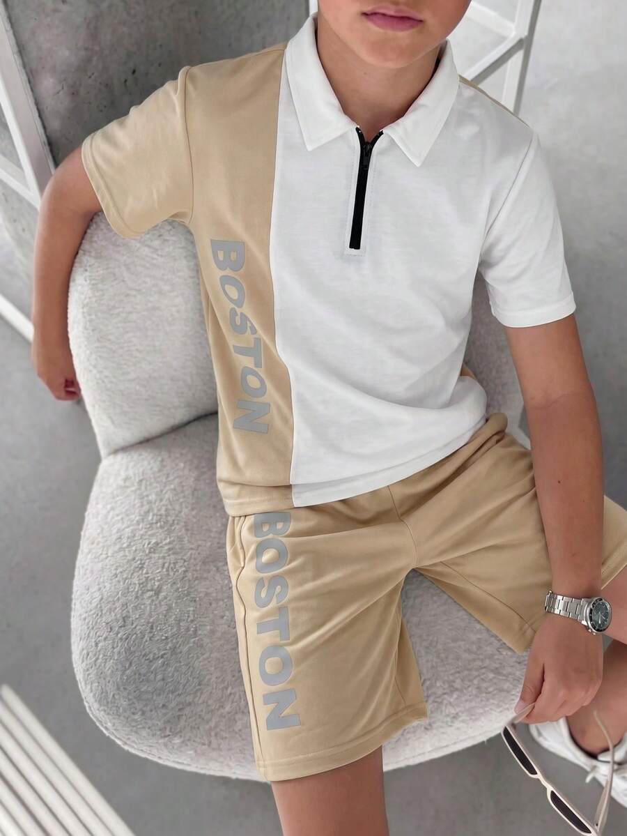 SHEIN Bộ 2 món áo thun polo cổ bẻ ngắn tay phối màu khaki và quần short cho bé trai tuổi tween, phong cách thường ngày, phù hợp đi học, đi lại, dạo phố, thể thao, mùa xuân và mùa hè - Màu Khaki - Xem 1