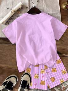 Bộ đồ 2 mảnh áo ngắn tay và quần short cho bé gái tuổi teen, phong cách casual đơn giản dễ thương, họa tiết Capybara, màu tím, kẻ sọc, phong cách Kawaii Y2K, thoải mái, phù hợp mùa xuân/hè - Nhiều màu - Xem 3