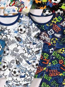 SHEIN 【6件套，随机发货2件/套】男童睡衣，春夏新品，时尚热销，酷炫图案印花，包括积木、恐龙、足球、游戏机等，紧身针织面料短袖上衣和长裤睡衣套装，街头风 - 彩色 - 查看 3