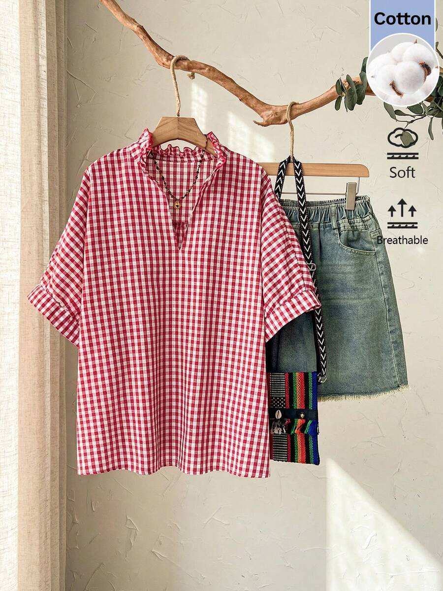 Rusticease Women's Plaid Half-Placket Loose Casual Cottage Core Versatile Shirt, Summer Top Picnic Red And White Plaid - Red - View 1