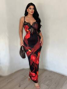 SHEIN SXY 女款蕾絲拼接花卉印花性感約會吊帶洋裝 - 彩色 - 查看 9