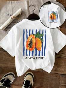 Tween Girl Casual Pattern Short Sleeve Loose Drop Shoulder T-Shirt Suitable For Summer Pineapple, Fruit Of The Papaya Tree, With Blue And White Stripe - Multicolor - View 3