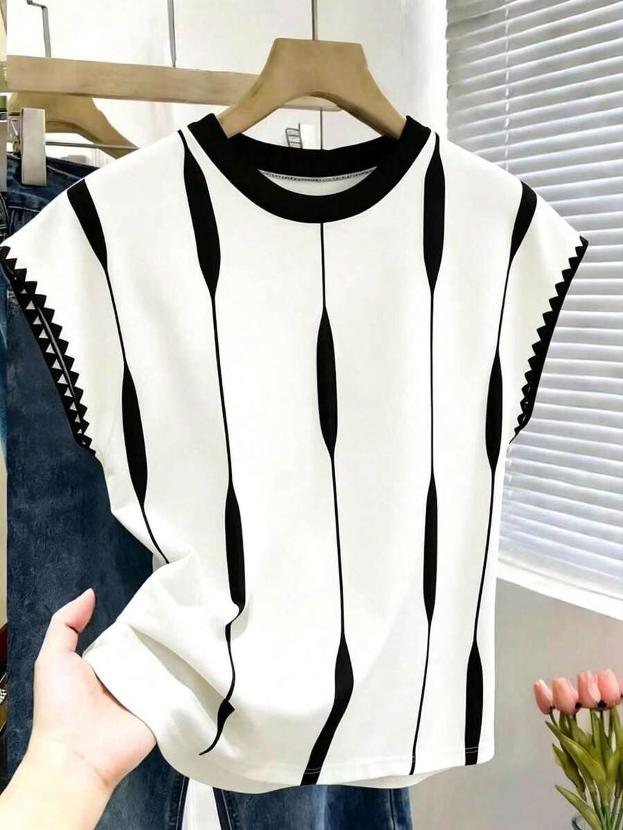 Resyla Atasan Wanita Lengan Pendek Rajut Bergaris Blok Warna Model Batwing, Pakaian Musim Semi/Panas, Atasan Wanita - MultiWarna - View 1