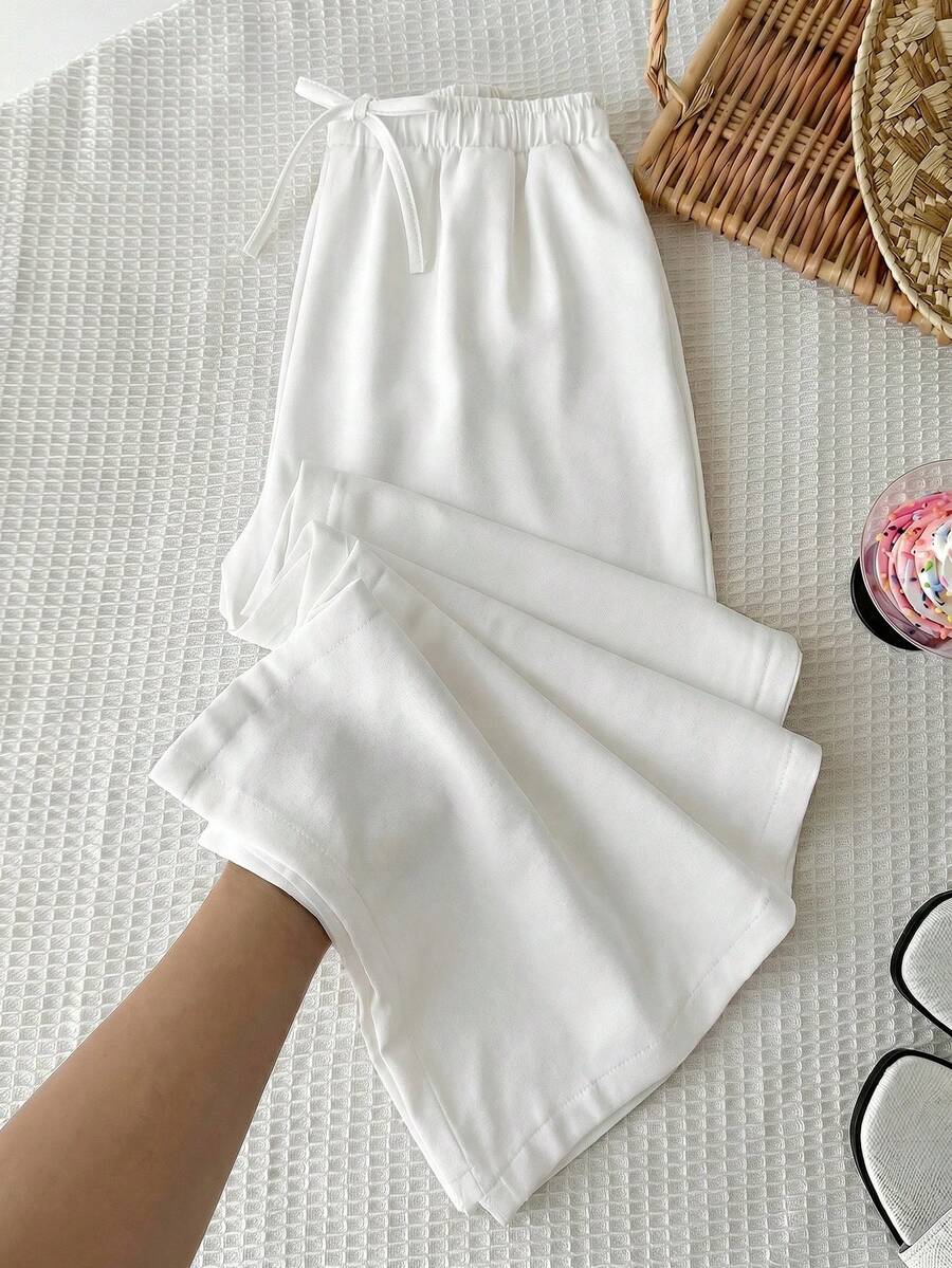 SHEIN Tween Girl Solid Casual Minimalist Comfortable Mid-Waist Straight Leg Versatile Long Pants - White - View 1