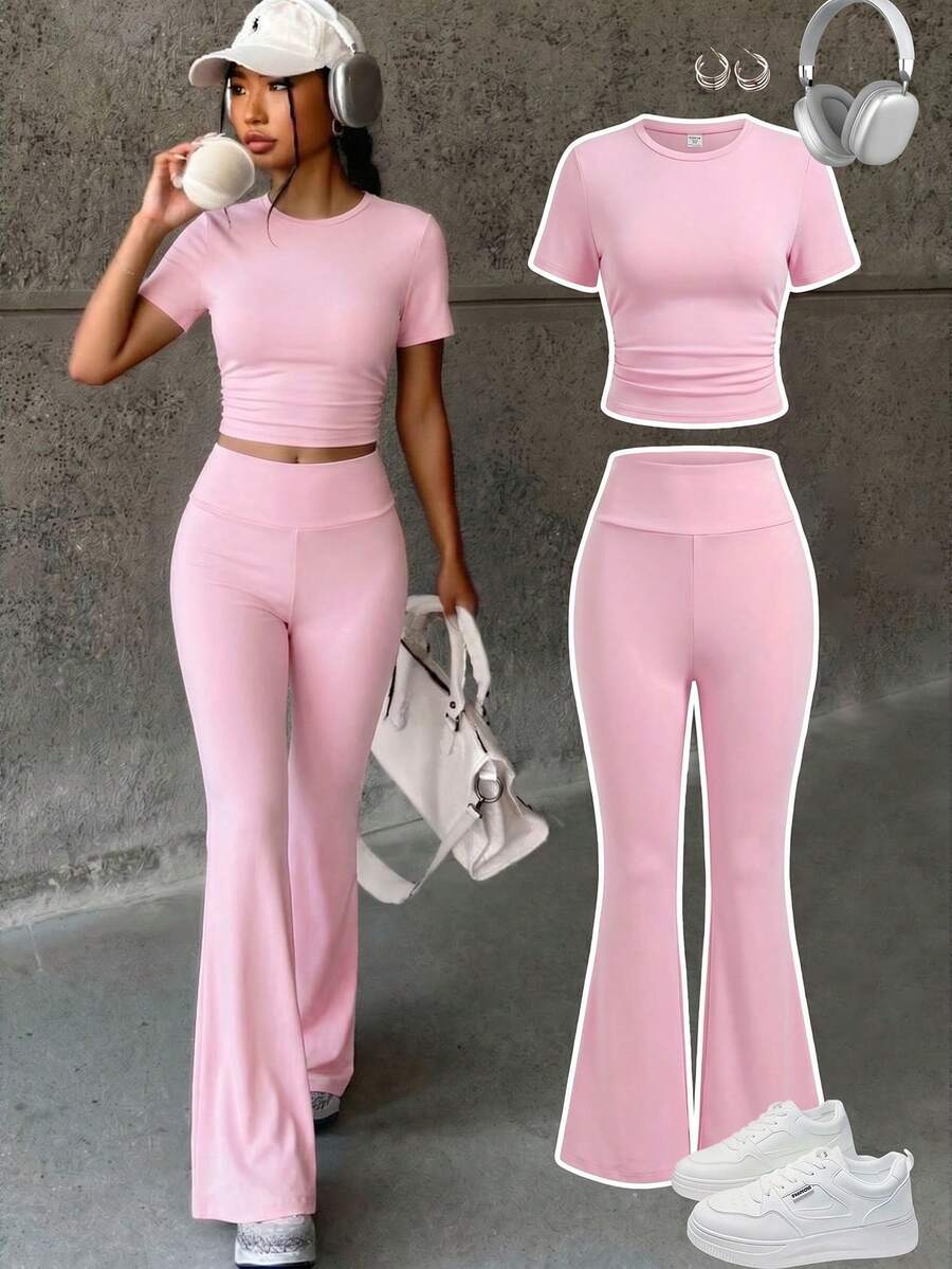 Kids Teen Girl Spring/Summer New Pink Ruched Design Short Sleeve Round Neck T-Shirt + Waist Ruched Flare Long Pants 2pcs Set, Suitable For Daily Outings, School Wear, Basic Long Pants Set - Pink - View 1