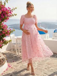 Loomaby Vestido elegante de maternidad con cuello cuadrado, decoración de flor 3D y manga corta - Rosa - Ver 5
