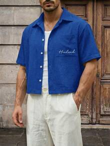 HIMLAND Men's Short Sleeve Single-Breasted Pocket Shirt With Chest Embroidery - Blue - View 4