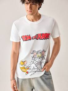 Strevion TOM & JERRY 男士极简主义汤姆掉进冰洞图案印花圆领短袖T恤，夏季 - 白色 - 查看 7
