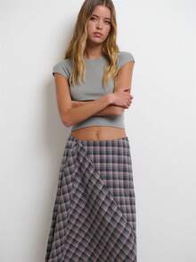 Nöista Diagonally Patchwork Plaid Maxi Skirt, A-Line , Casual Elegant.  Versatile Practical . Wardrobe Essential, Perfect Everyday . Fall Winter. - Pink - View 5