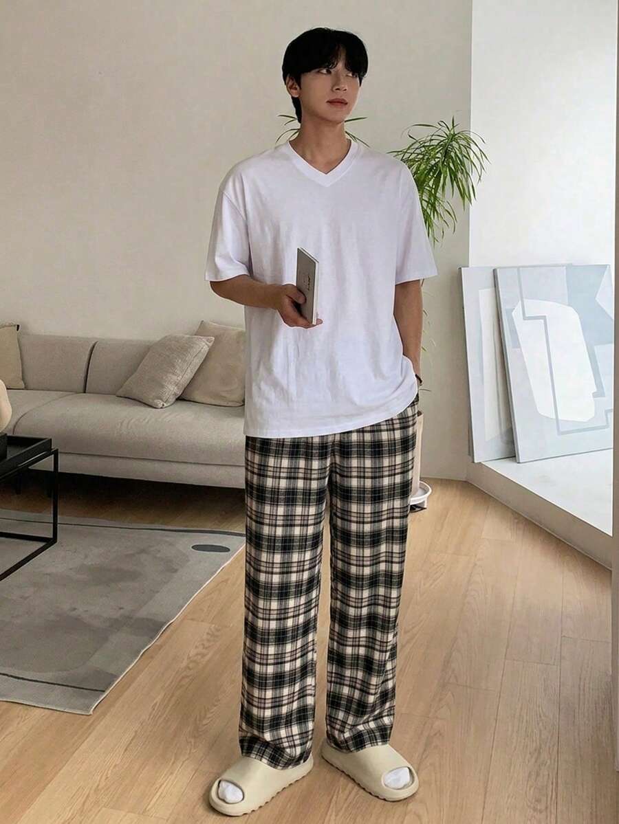 DAZY 春夏格紋長褲搭配白色短袖T恤男士居家服睡衣套裝 - 彩色 - 查看 1