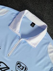 PAVTROS Kemeja Polo Pria Kasual dengan Motif Huruf Blok Warna, Motif Sepak Bola Musim Panas - Biru - View 3