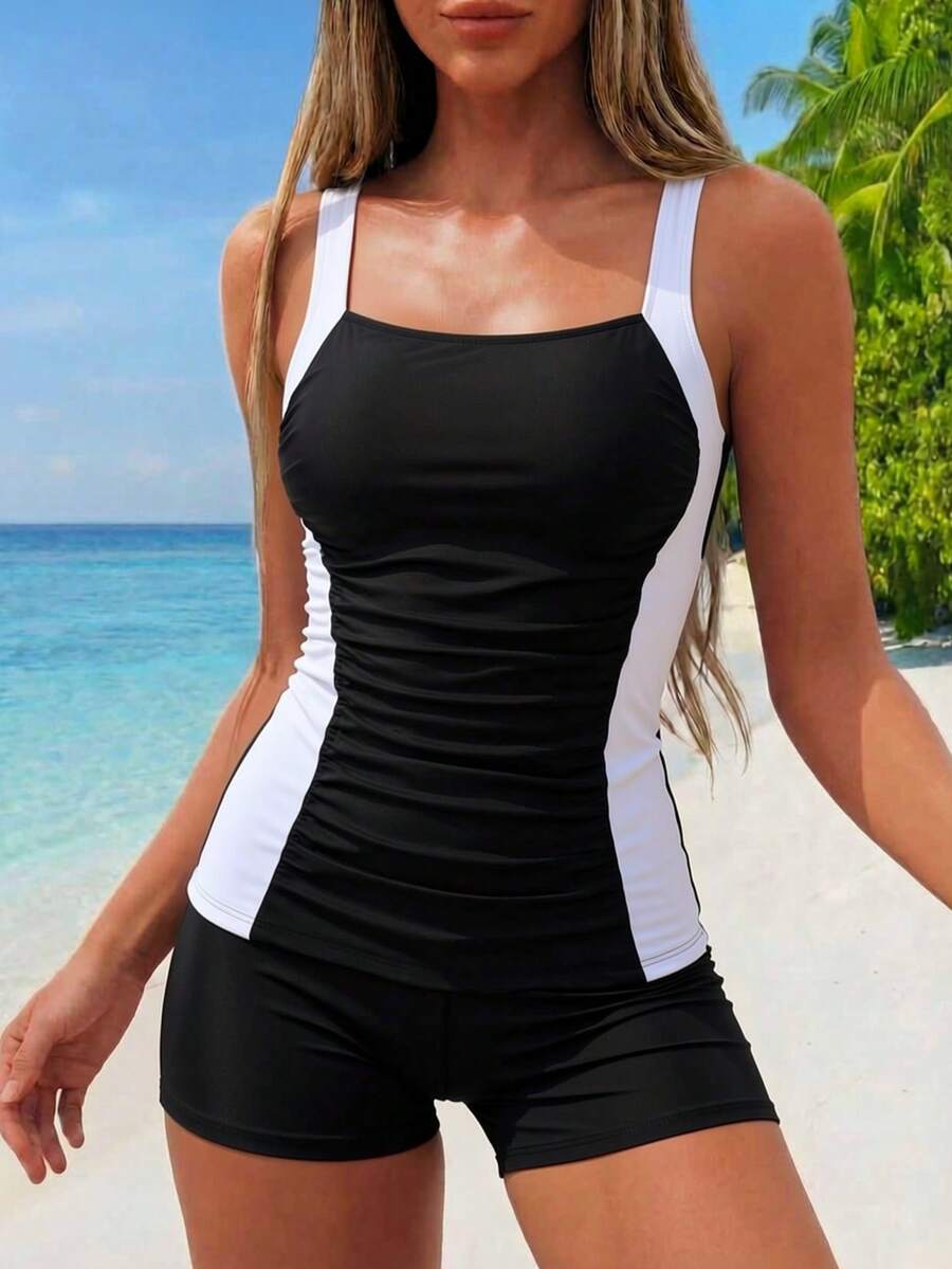 Swim Lushoire Springbreak 2件組女款泳衣套裝 針織豹紋印花與素色拼接 側腰隨機印花 素色圓領無袖短褲休閒運動比基尼套裝 - 黑與白 - 查看 1