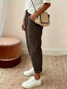 EMERY ROSE Women's Vintage Casual Leopard Print Cuffed Ankle-Length Harem Pants - Brown - View 3