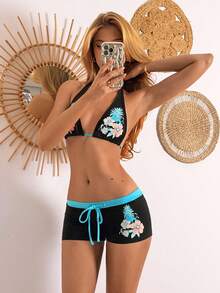 EgrlEra Ensemble décontracté de vacances pour femmes avec top à imprimé floral et lien autour du cou, et short à taille coulissante, maillot de bain 2 pièces, tenues d'été pour femmes 2 pièces - Multicolore - Voir 8