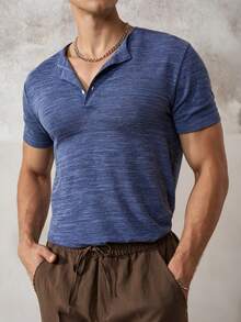 Manfinity Dauomo Men's Fashionable Versatile Button-Up Half Placket Short Sleeve T-Shirt - Blue - View 6