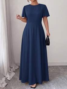 Elenzga Vestido Maxi Elegante Estilo Conmutador para Mujer Talla Grande Primavera/Verano, Estampado Floral Azul Marino, Manga Volante, Definición de Cintura, Efecto Estilizador. Adecuado para Oficina, Citas de Negocios, Salidas Diarias, Vacaciones, Ropa de Moda Estilo Conmutador Elegante. - Azul - Ver 5