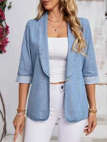 EMERY ROSE Plus Size Women's Lapel Short Sleeve Button Casual Denim Jacket - Blue - View 1