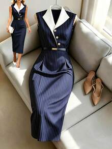SHEIN Women's Summer New Workwear Elegant Blue Striped Color Block Collar Sleeveless Slim Fit Dress,Elegant Dress - Multicolor - View 3