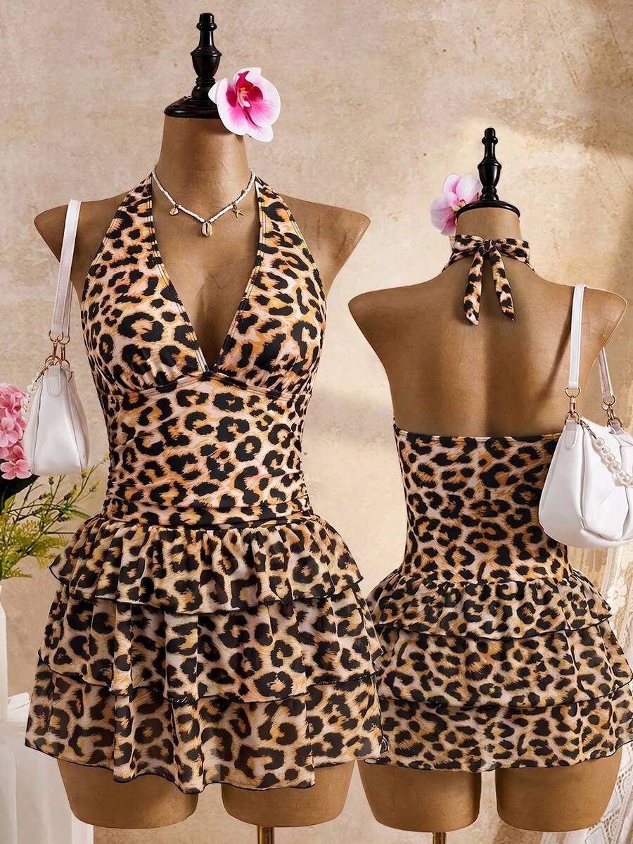 Bellisia 黑色白色波點印花掛脖領繫帶深V領露背設計三層同款印花薄紗荷葉邊分層裙夏季海灘度假泳池派對甜美可愛風格女款泳裝洋裝 - 彩色 - 查看 1