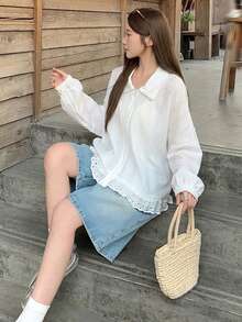 DAZY 女款連帽長袖寬鬆紋理面料蕾絲拼接休閒度假風標準夾克 - 白色 - 查看 5