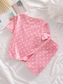 Summer Young Girl Spring/Summer Knit Round Neck Short Sleeve Shorts Small Polka Dot Retro All-Over Digital Print Versatile Bestselling Pattern Top And Bottom 2-Piece Set Comfortable Soft Tight Pajamas Homewear - Pink - View 3