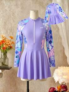 SHEIN Tween Girl Solid Color Patchwork Front Zipper Long Sleeve Minimalist Casual Swimsuit - Mauve Purple - View 3