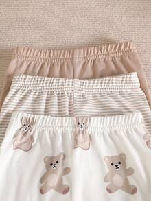 SHEIN 3 Pieces Set For Newborns: Khaki Striped Bear-Print Footed Pants Cute Cartoon Design, Soft Against The Skin, Loose And Comfortable Suitable For All Seasons Perfect For Everyday Wear, Vacations, And Outings - Brown - View 6