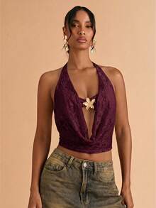SHEIN BAE Top halter sexy de verano para mujer con cuello de volantes de encaje y espalda descubierta - Granate - Ver 4