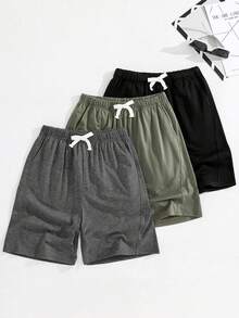 SHEIN 3件組買2送1兒童青少年男孩休閒軟舒適百搭短褲套裝，運動服，抽繩黑色短褲，麻灰色短褲，綠色短褲，Y2K短褲，SS26，夏季短褲，夏季，適合春/夏，外出，情人節，約會，旅行，度假，家庭聚會，返校，婚禮季節，晚餐，運動，生日派對 - 彩色 - 查看 3