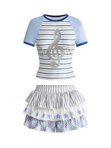 ROMWE Kawaii Bộ 2 món váy cạp thấp in hình khóa Sol Y2K dành cho nữ - Màu xanh lam - Xem 1